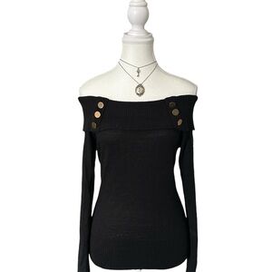 Y2K “Venus” Black Off the Shoulder Knit Top with Button Detailing